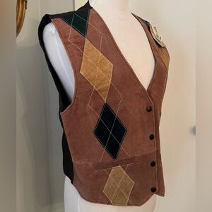 Brown Suede leather Vest argyle Pattern Northwest Territory L NWT Cowgirl Rodeo
